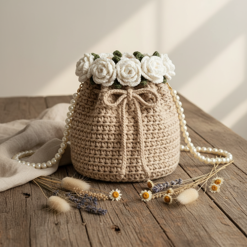 Bouquet Crochet Bag with Pearl & Chain Strap