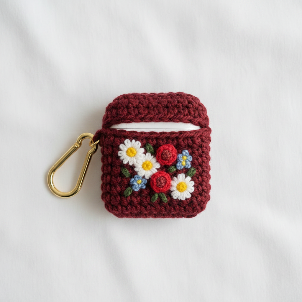 Crochet Floral AirPods Case - Maroon