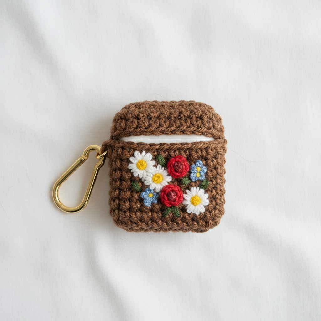 Crochet Floral AirPods Case - Brown