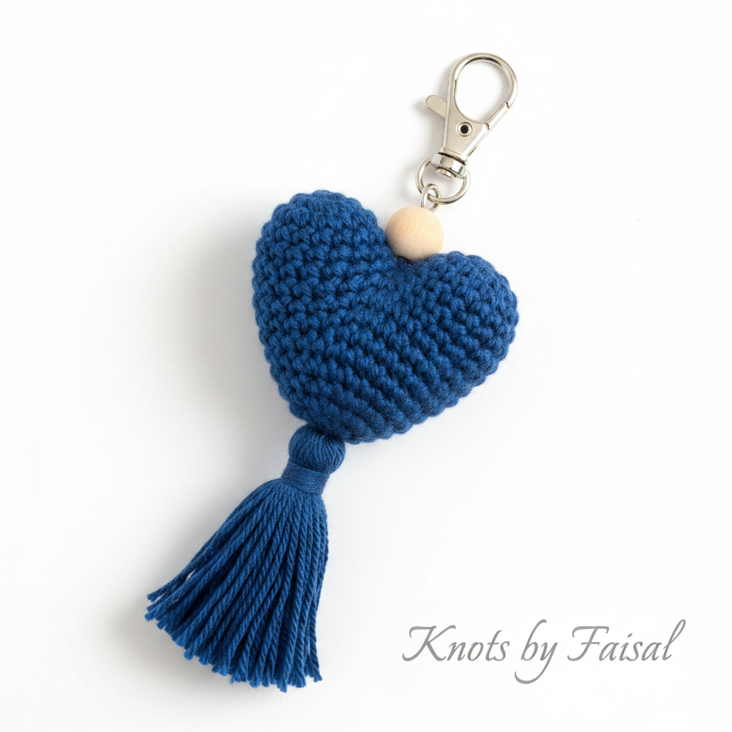 Blue crochet heart keychain with tassel by Knots by Faisal