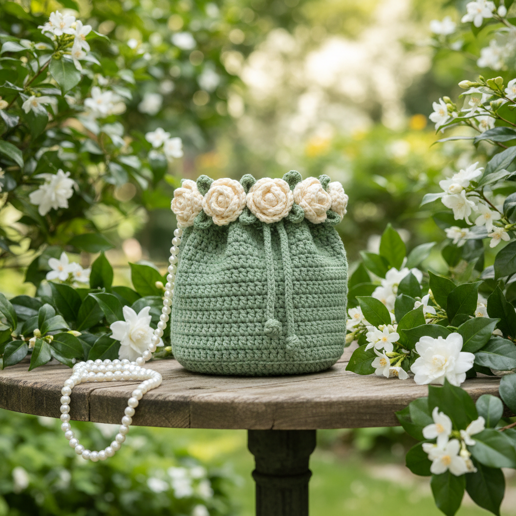 Bouquet Crochet Bag with Pearl & Chain Strap